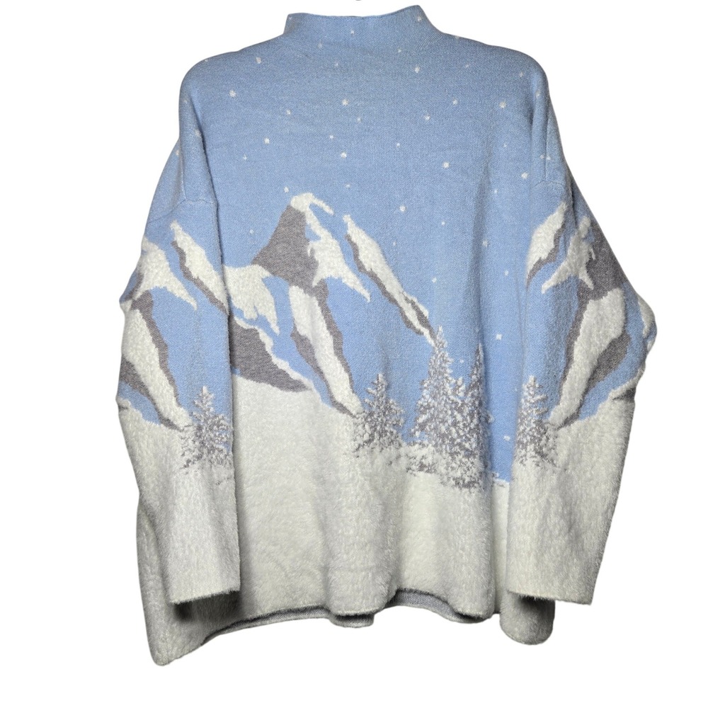 Rachel Zoe Mock‎ Neck All Over Print Winter Sweater Plus 2X Snowflake Mountains
